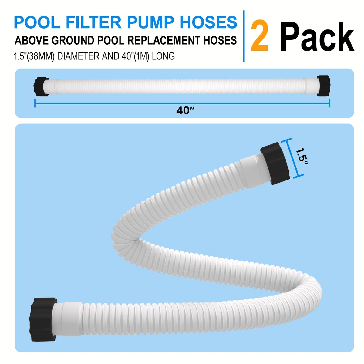 PoolWhale 1.5in x 40in hose—fits Intex and Coleman above-ground pool systems.