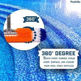 Poolzilla brush demonstrates cleaning stairs and corners for complete access.