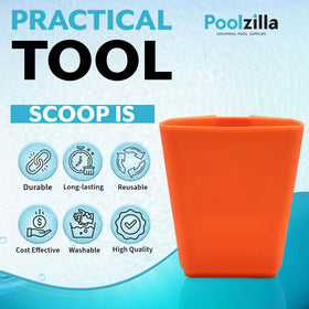 Durable plastic Poolzilla scooper designed for repeated pool chemical use.