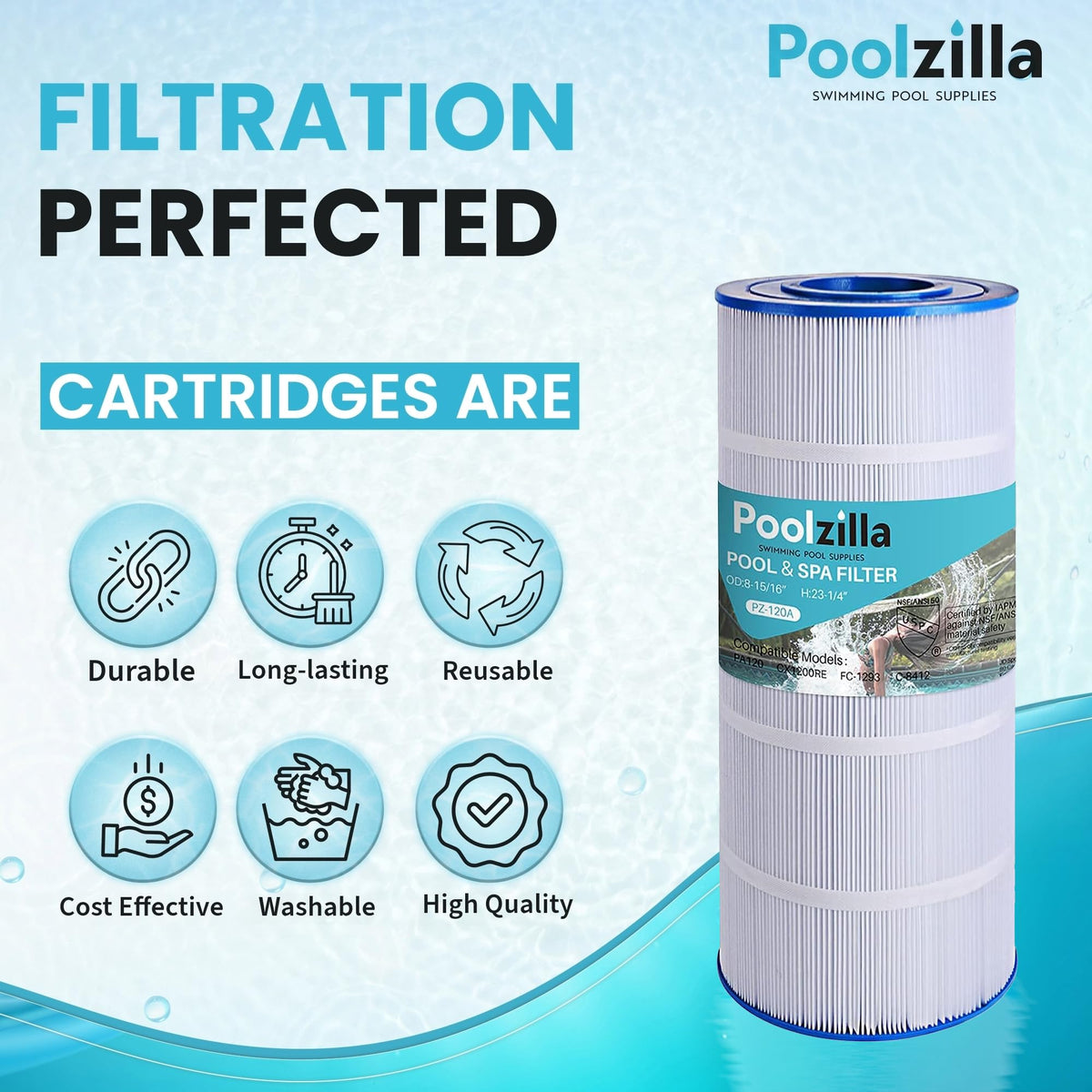 Poolzilla filter in use in pool setting suggests cleaner water and better circulation
