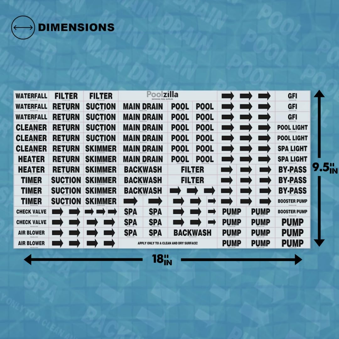 Poolzilla labels for multi-surface adhesion suit pool and plumbing labeling needs.