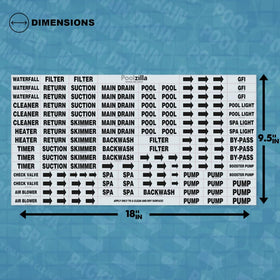 Poolzilla labels for multi-surface adhesion suit pool and plumbing labeling needs.