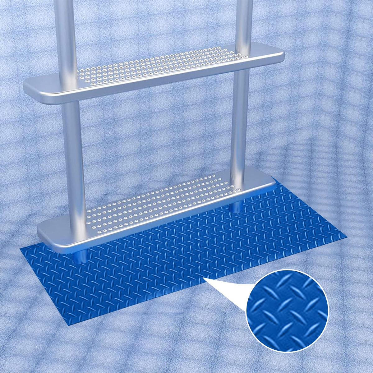 Poolzilla ladder mat vinyl surface offers easy footing on steps.