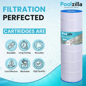 Poolzilla long-lasting pleated media image suggests extended filter life and steady flow.