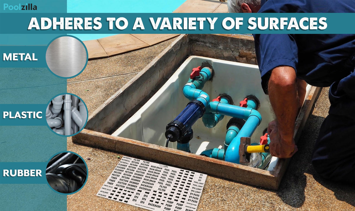 Poolzilla pipe-marking labels improve visibility on pool system components.