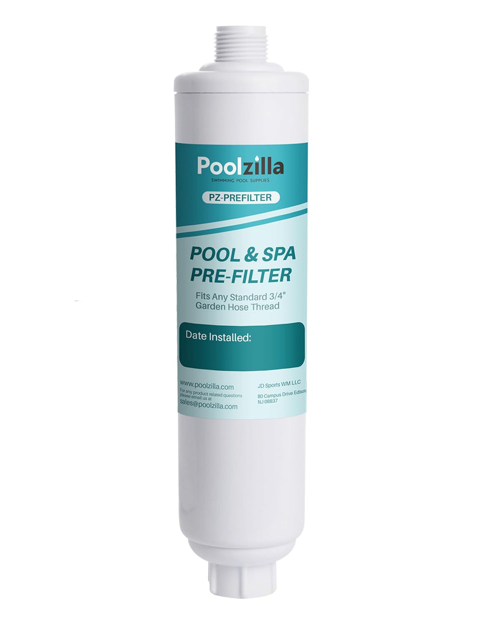 Poolzilla Prefilter attached to hose showing 3-4 inch thread for quick preconditioning.