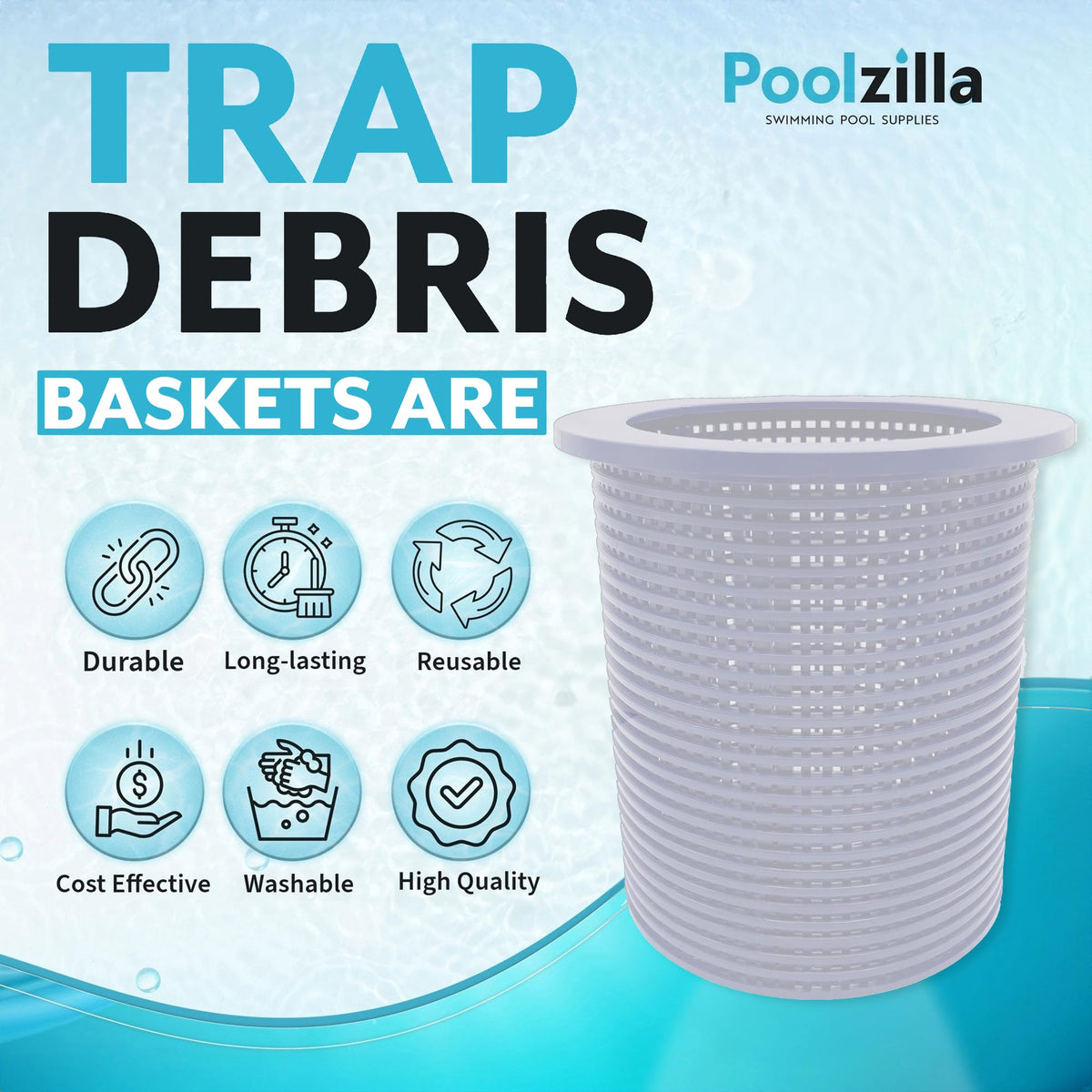 Poolzilla basket traps leaves and debris in pool skimmer.