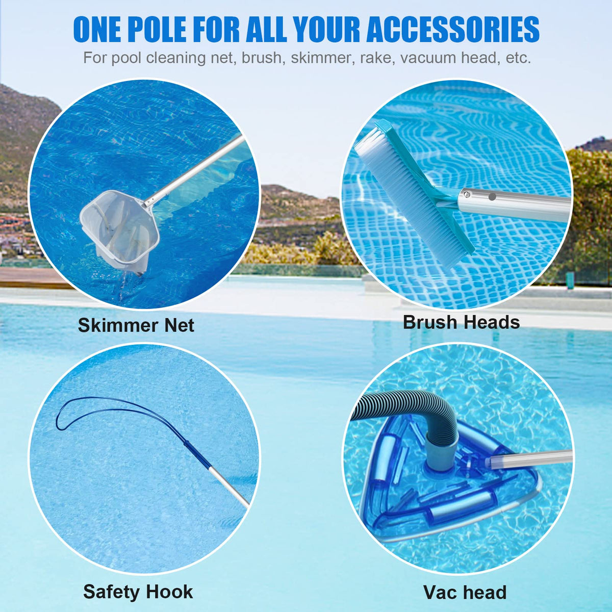 POOPLE professional versatile cleaning setup supports nets, rakes, brushes, and vacuum heads.