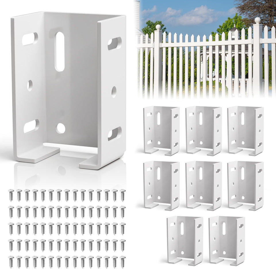POOWEE white aluminum fence bracket close-up for durable vinyl fencing.