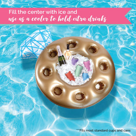Pop Fizz Designs ring floating bar top view highlights poolside beverage access for guests.