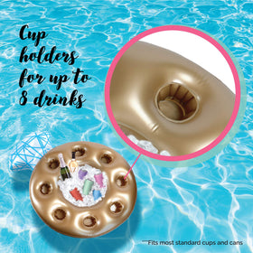 Pop Fizz Designs ring floating bar with drinks acts as a festive poolside centerpiece.