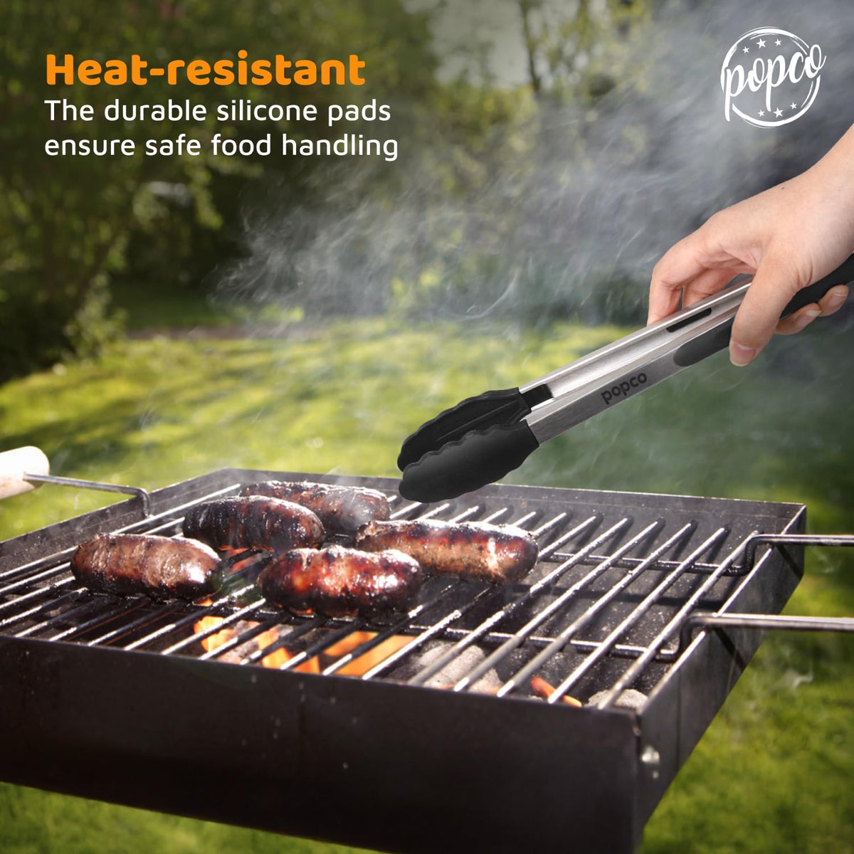 Popco heat-resistant tongs shown with pasta for cooking use.
