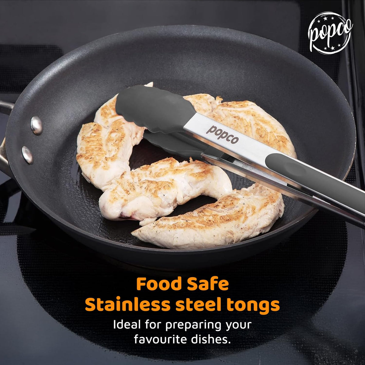Popco tongs silicone tips close-up showing nonstick pan protection.