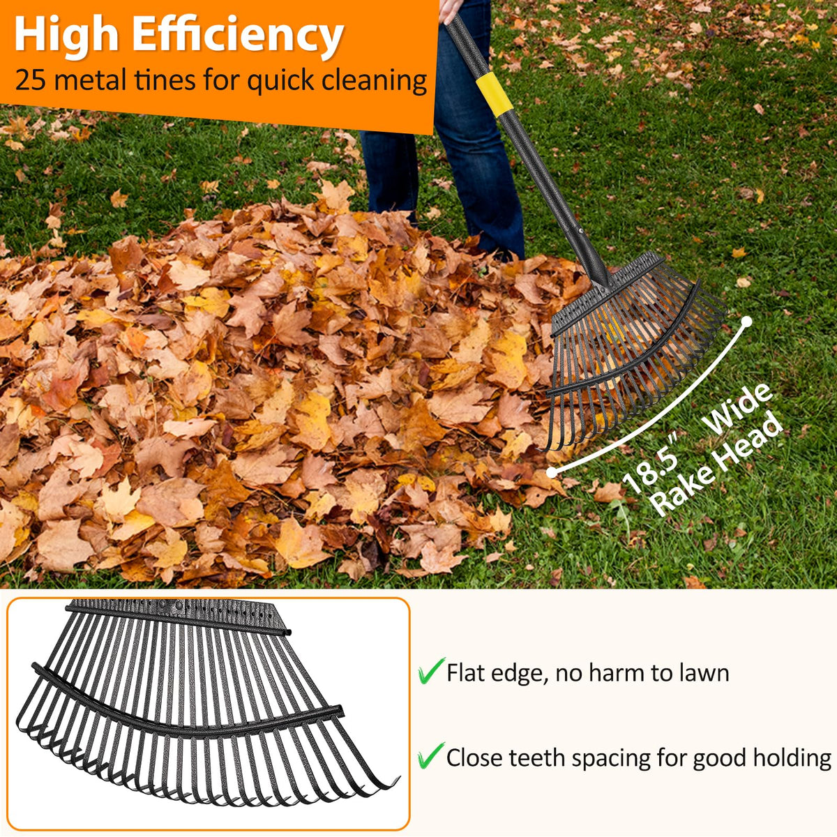 PoPoHoser 18-inch wide rake head covers more ground efficiently.