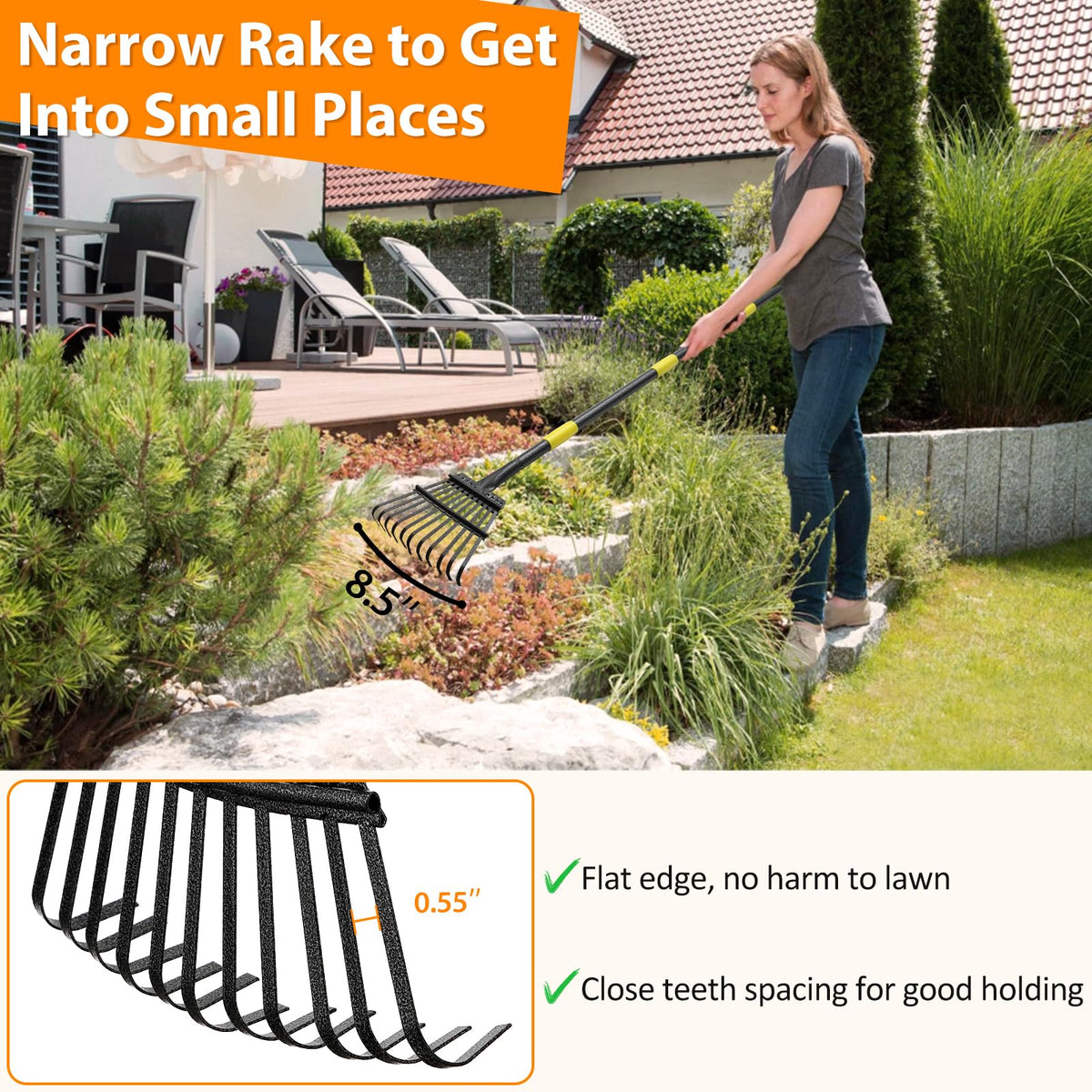 PoPoHoser adjustable-handle leaf rake shows 37in to 65in reach for comfort.