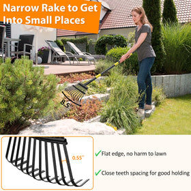 PoPoHoser adjustable-handle leaf rake shows 37in to 65in reach for comfort.
