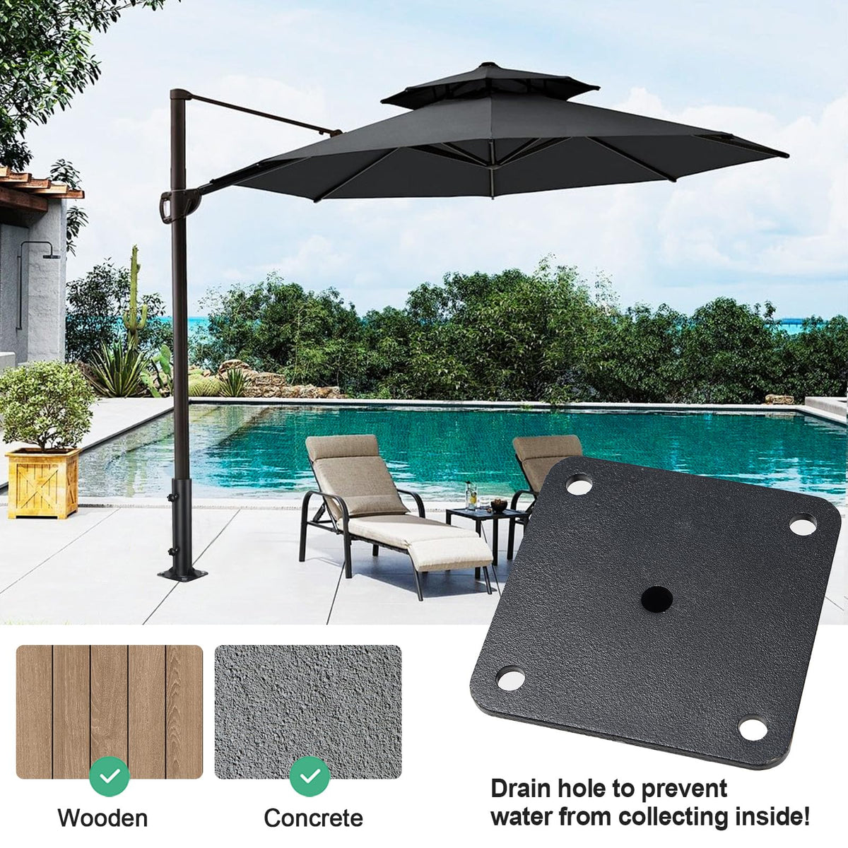 PoPoHoser compact base footprint keeps walkways clear while supporting a sturdy shade.