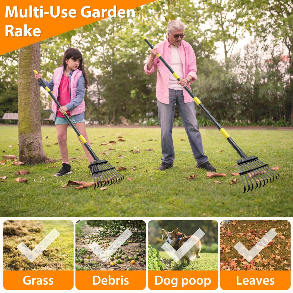 PoPoHoser versatile rake handles leaves, grass, and debris alike.