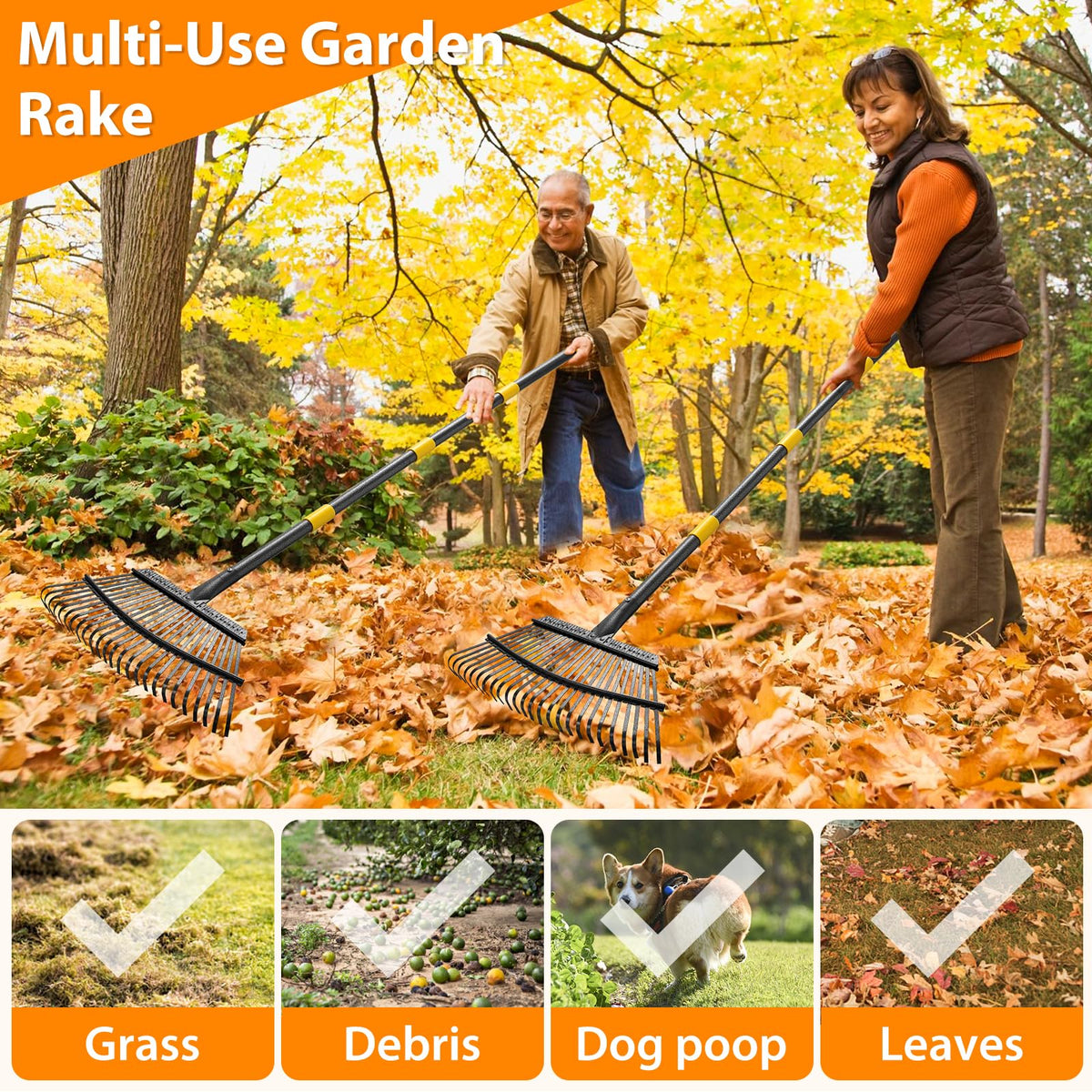 PoPoHoser multi-use rake tackles leaves, grass, cones, and debris.