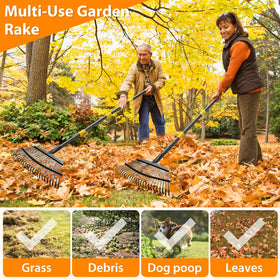 PoPoHoser multi-use rake tackles leaves, grass, cones, and debris.