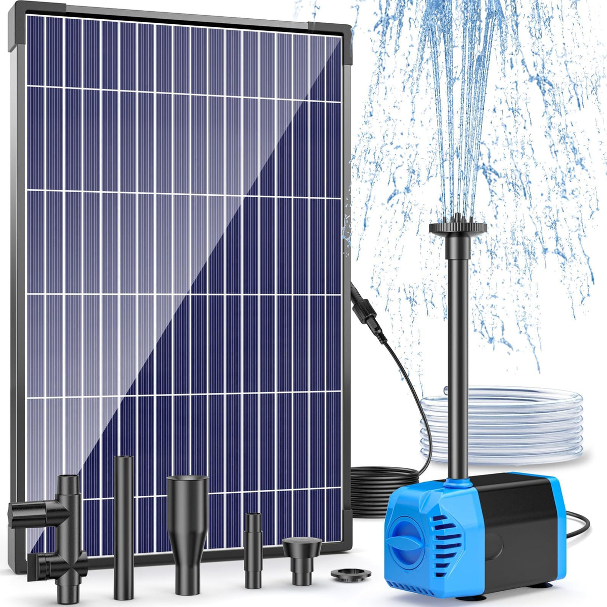 POPOSOAP 12W solar panel powering a pond fountain in bright sunlight.
