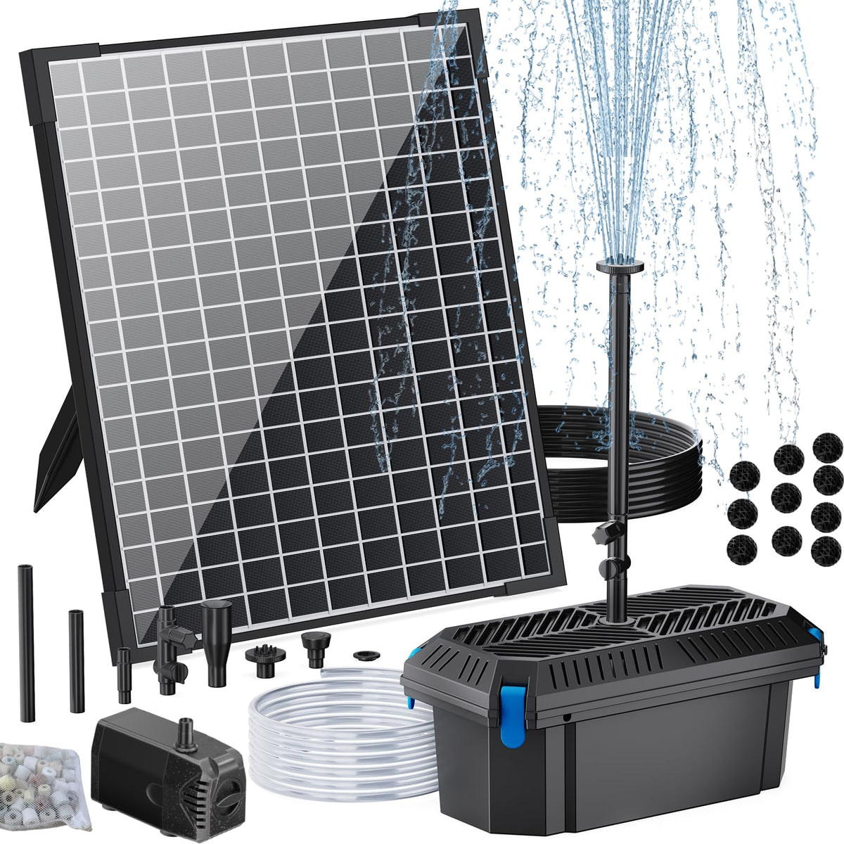 POPOSOAP 25W solar panel powering efficient pond filtration in direct sunlight