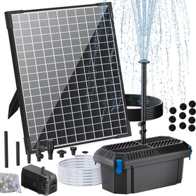 POPOSOAP 25W solar panel powering efficient pond filtration in direct sunlight