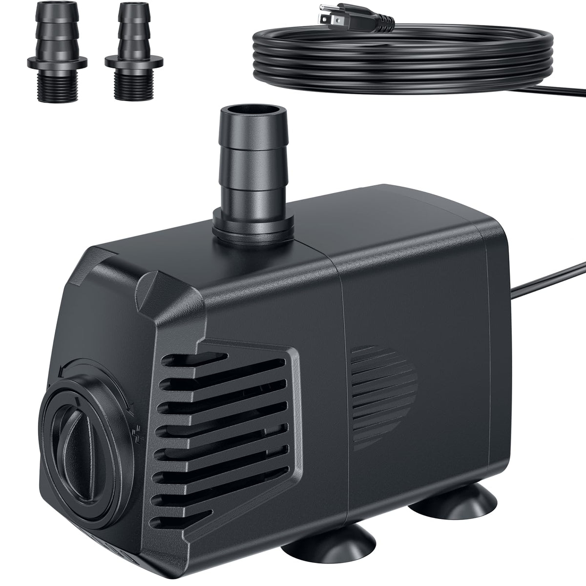 POPOSOAP 400GPH submersible pump front view highlighting compact design for quiet operation.