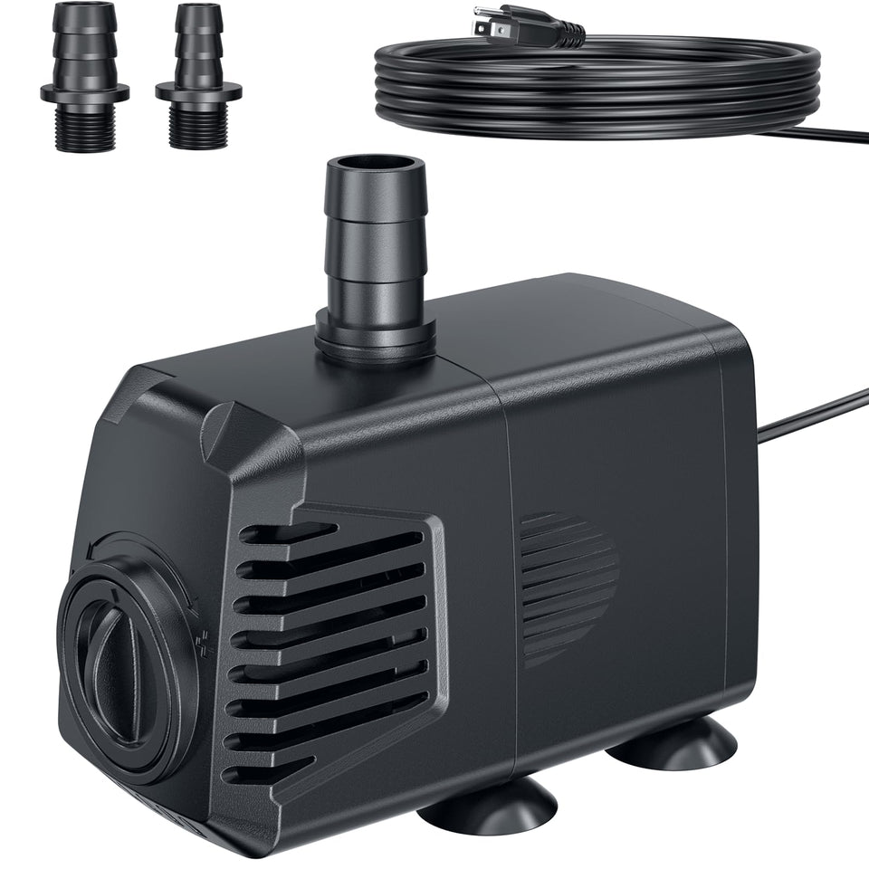 POPOSOAP 400GPH submersible pump front view highlighting compact design for quiet operation.