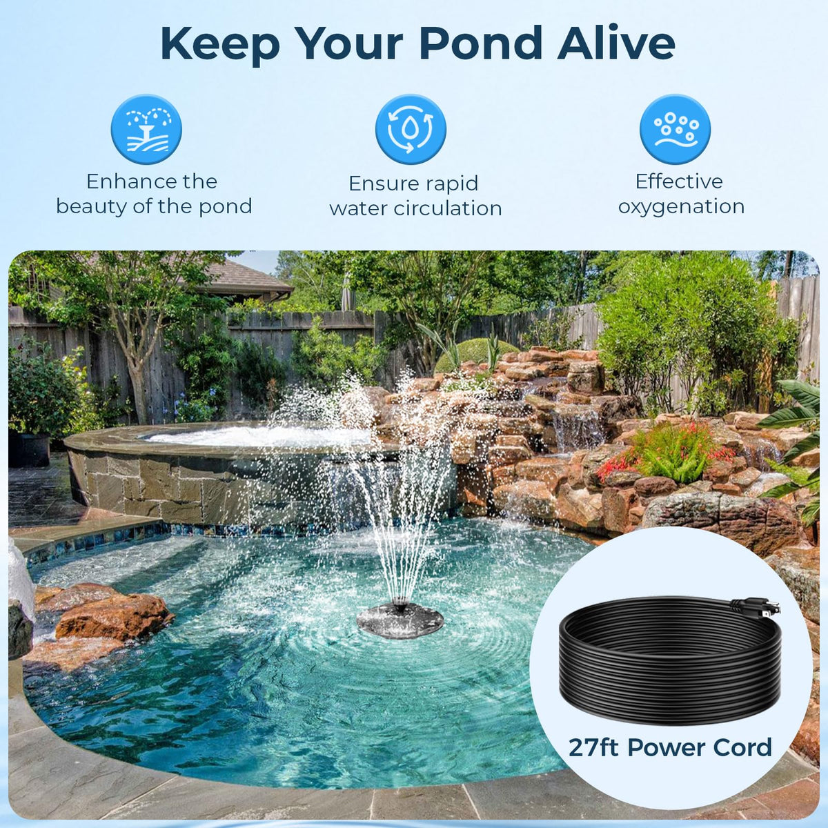 POPOSOAP 660GPH pump delivers steady spray for clear, lively water.