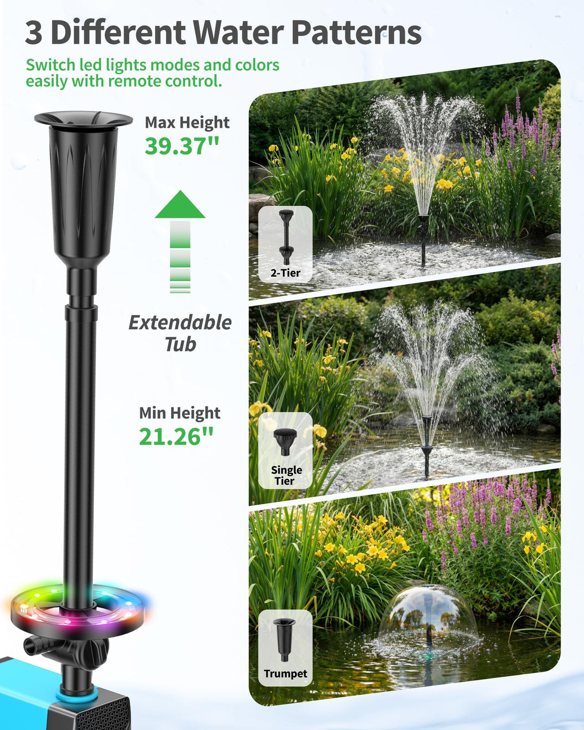 POPOSOAP adjustable spray height suits different pond depths.