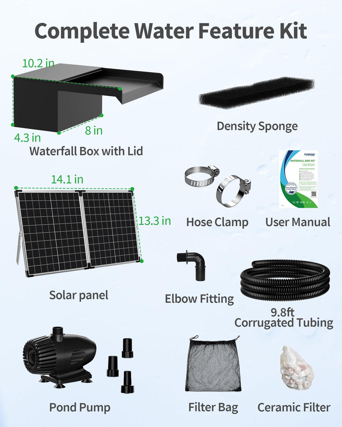 POPOSOAP all-in-one kit includes spillway, panel, and pump.