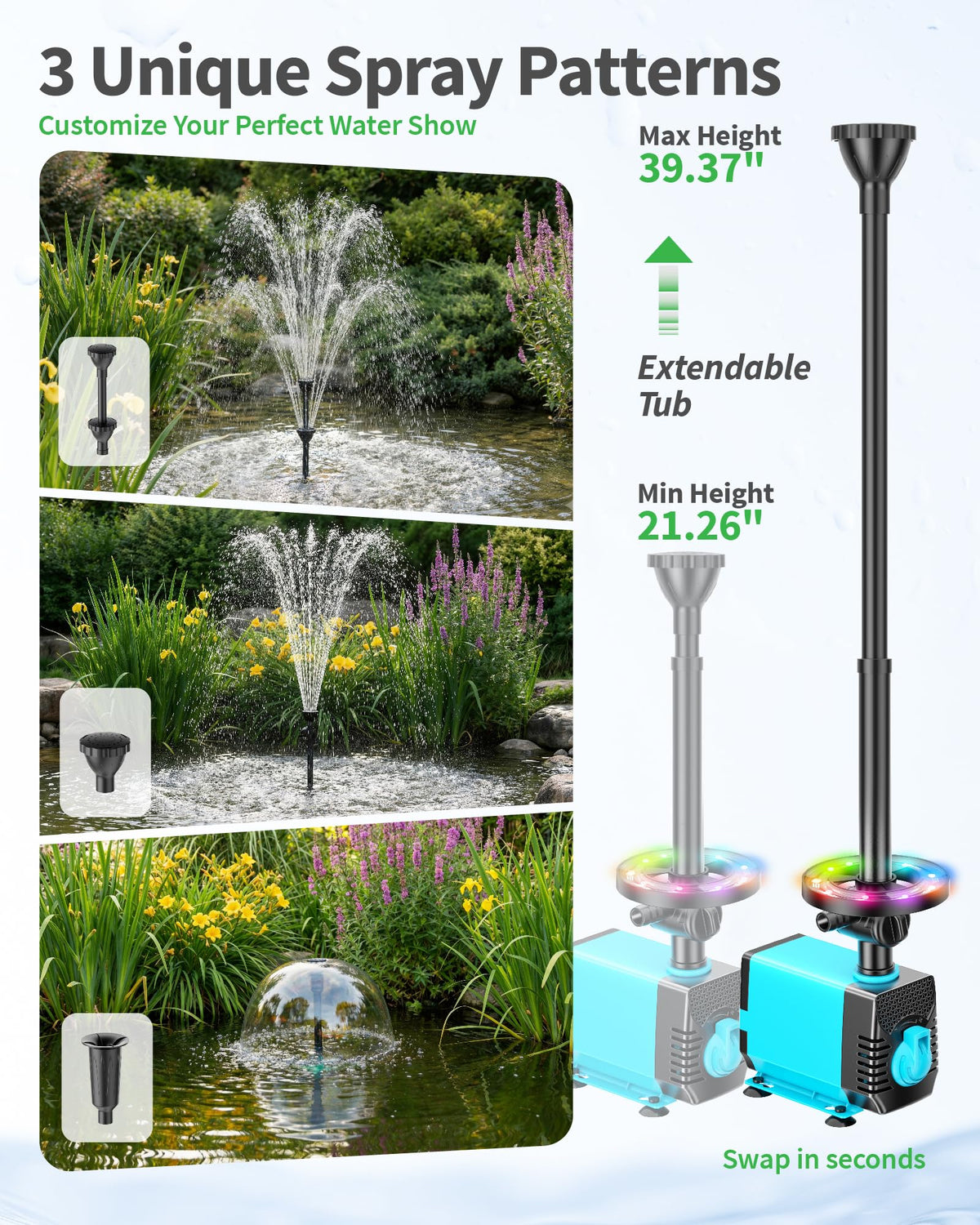 POPOSOAP double-layer nozzle adding dramatic multi-level spray for pond display.