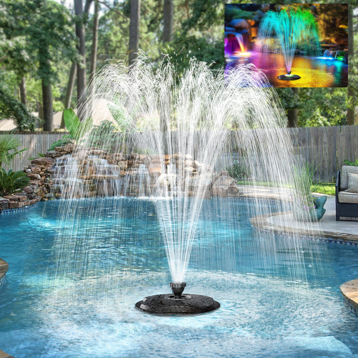 POPOSOAP floating fountain with LED lights brightens ponds and gardens.