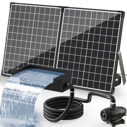 POPOSOAP folding 55W solar panel powers a pond waterfall outdoors