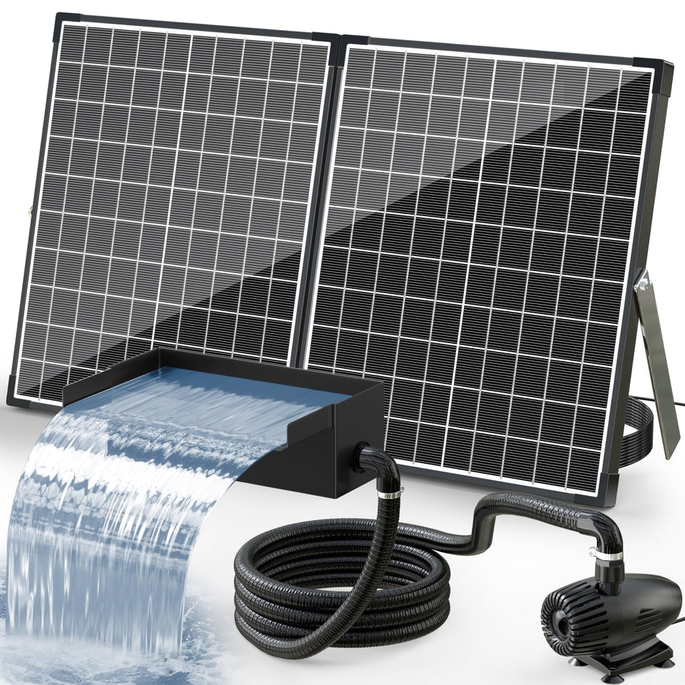 POPOSOAP folding 55W solar panel powers a pond waterfall outdoors