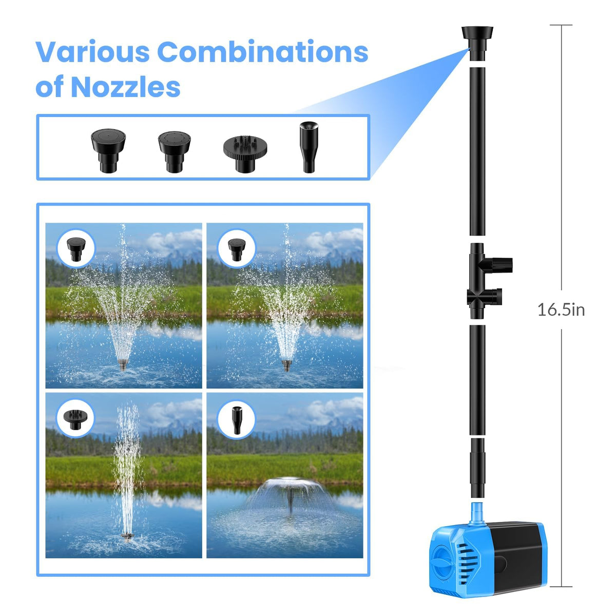 POPOSOAP four nozzles create varied fountain shapes for gardens.
