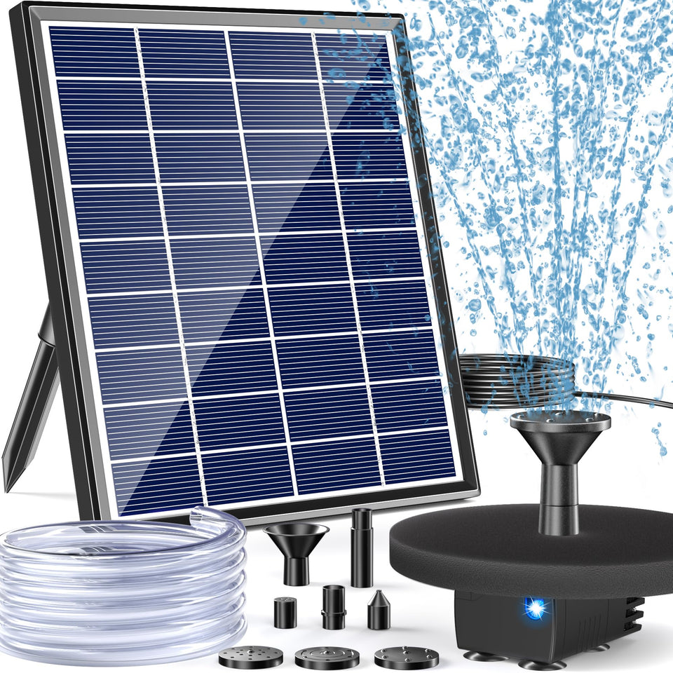 POPOSOAP solar bird bath pump with durable glass panel in direct sunlight.