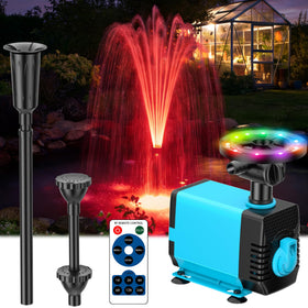 POPOSOAP pond fountain with LED lights for day and night ambiance.