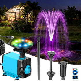 POPOSOAP Pond Fountain Pump with remote control for vibrant RGB lighting in ponds.