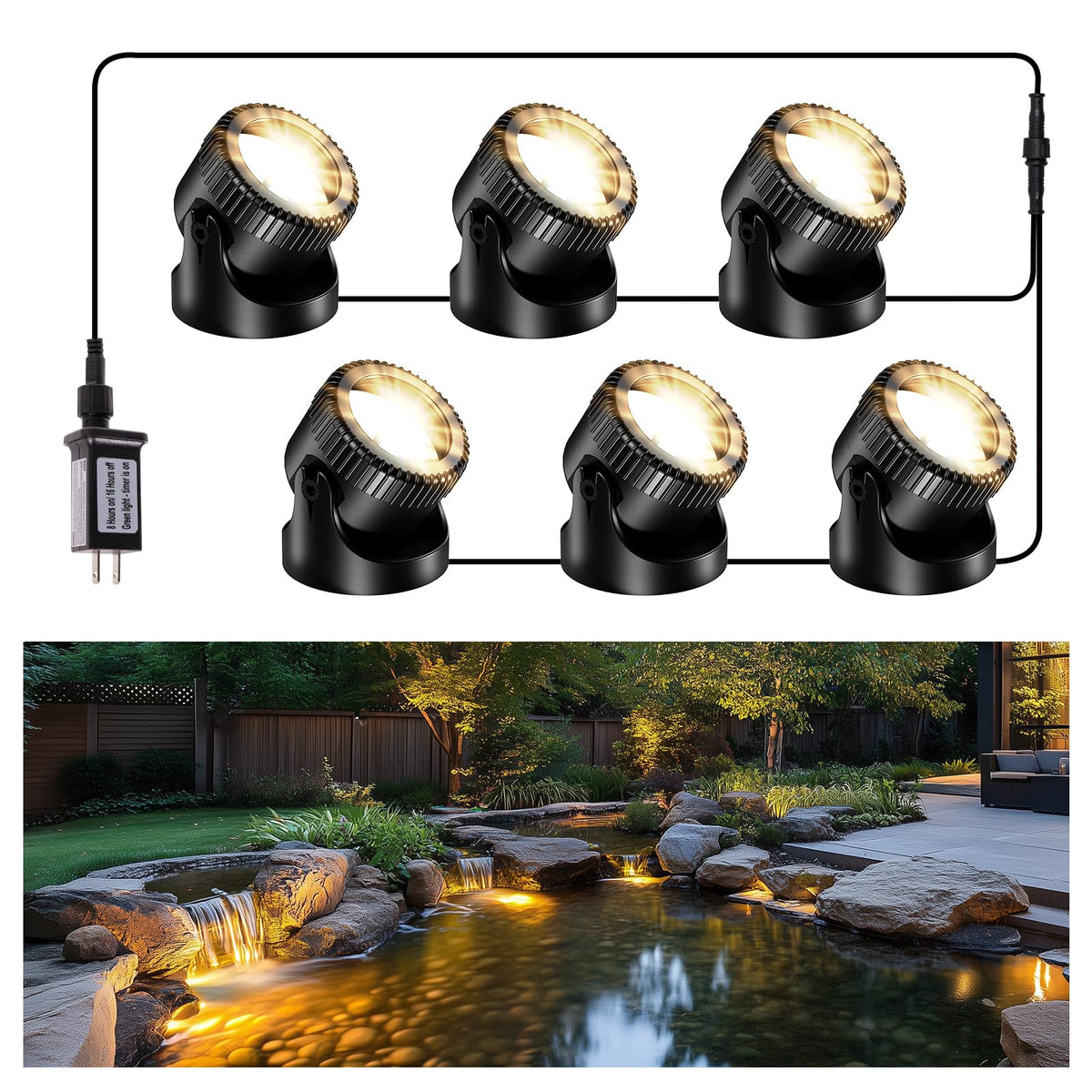 POPOSOAP pond lights with 6-head lamps illuminate ponds for dramatic nighttime ambiance