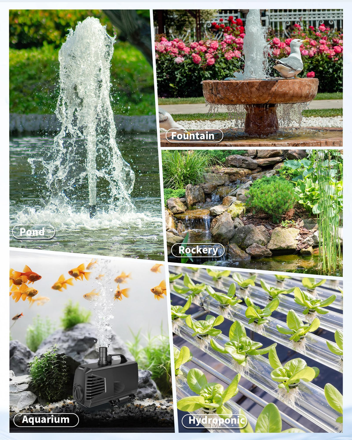 POPOSOAP pump installed in a fountain, creating a tranquil water feature.