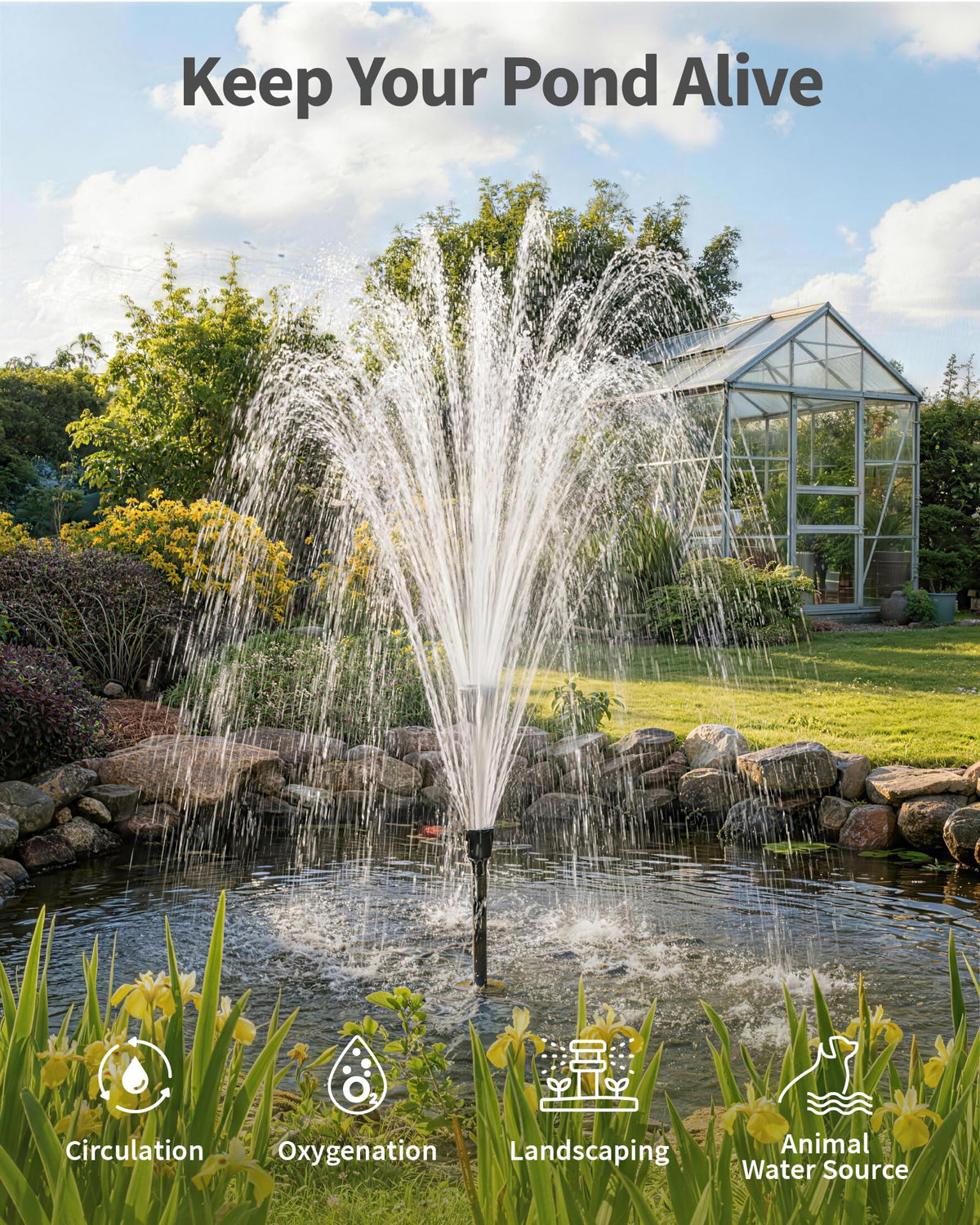 POPOSOAP RGB-led fountain pump delivering colorful water sprays for garden ambience.