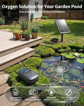 POPOSOAP solar air pump side panel highlights flexible installation for neat landscapes