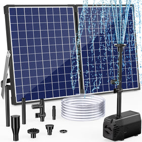 POPOSOAP 35W solar panel powering a fountain under bright sun for outdoor use