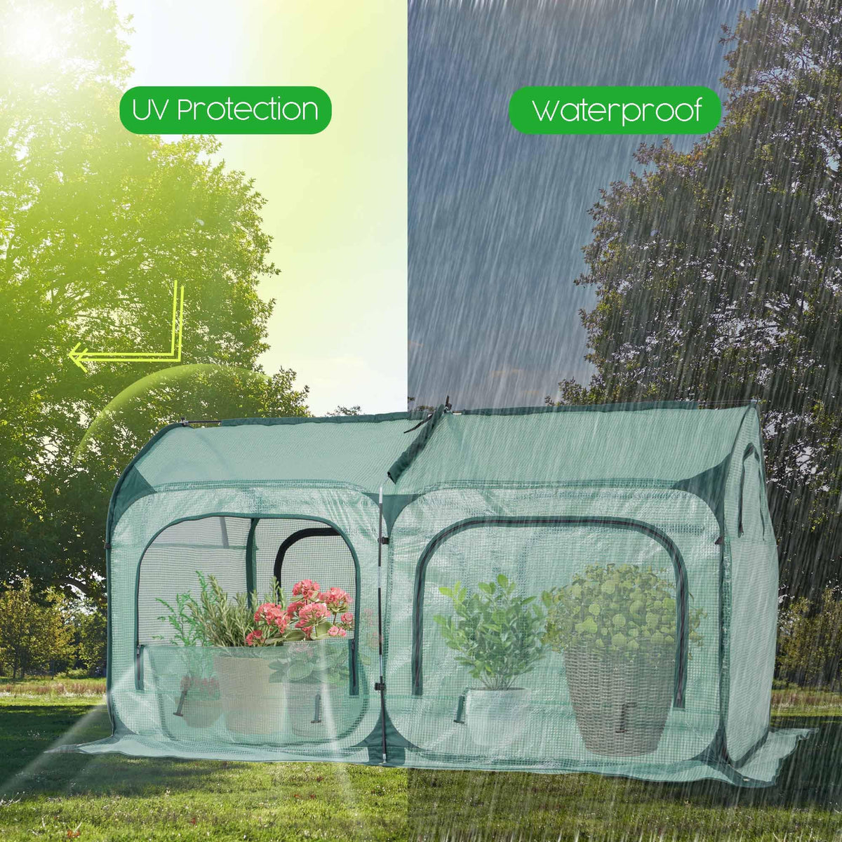 Porayhut pop up greenhouse rain snow shield keeps interior dry and protects seedlings.