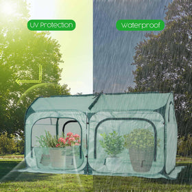 Porayhut pop up greenhouse rain snow shield keeps interior dry and protects seedlings.