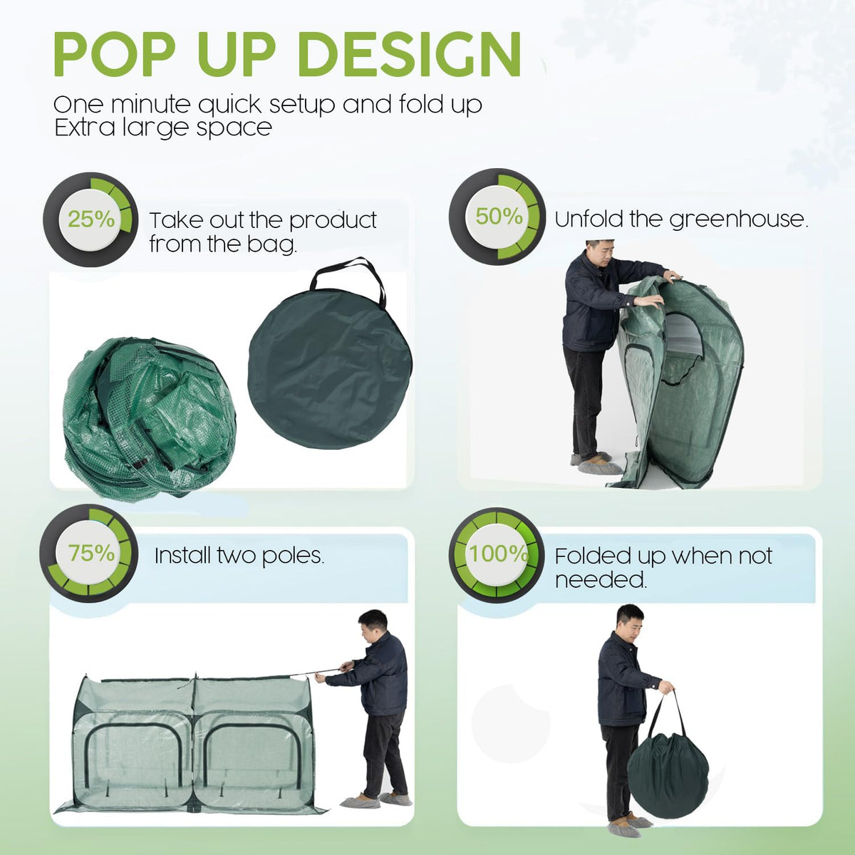 Porayhut pop up greenhouse stakes and ropes ensure wind resistance and stability.