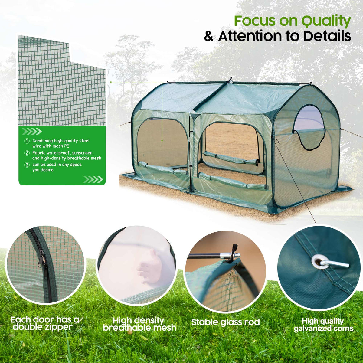 Porayhut pop up greenhouse triangle roof design helps shed rain and snow.