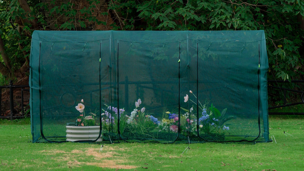Porayhut tunnel netting cover protects a 12-3x4ft bed from pests while allowing rainwater.